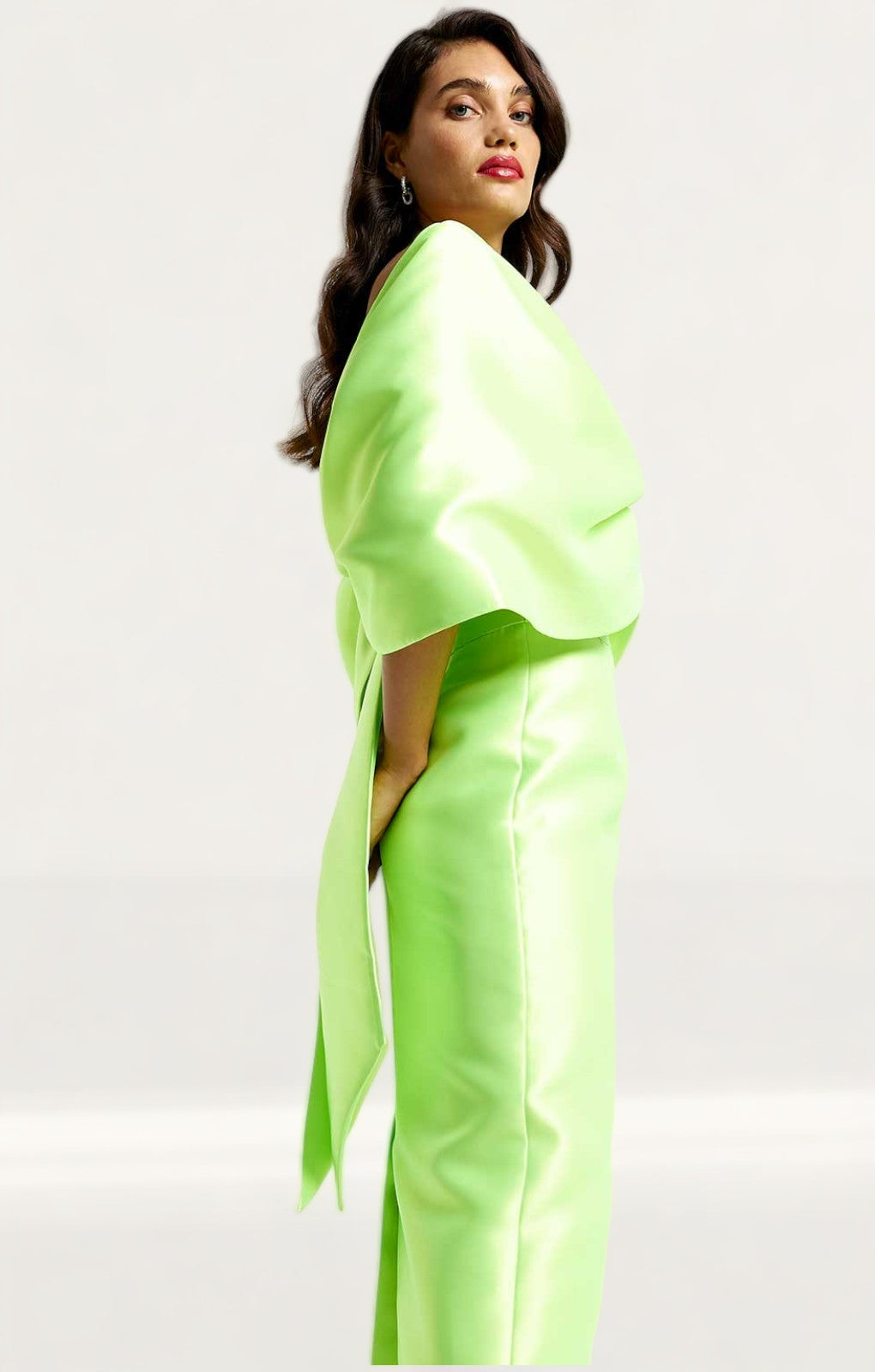 River Island Lime Green Satin Cropped Bardot Top & Midi Skirt Co-Ord