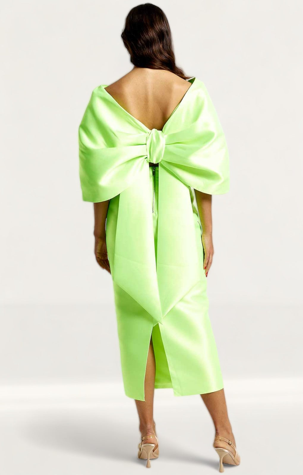 River Island Lime Green Satin Cropped Bardot Top & Midi Skirt Co-Ord