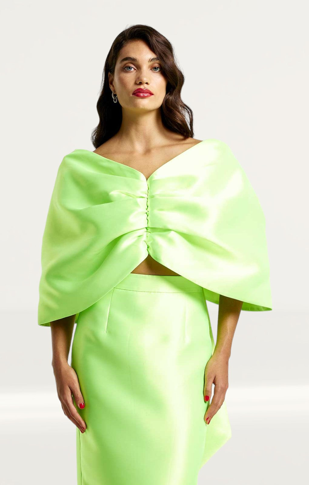 River Island Lime Green Satin Cropped Bardot Top & Midi Skirt Co-Ord