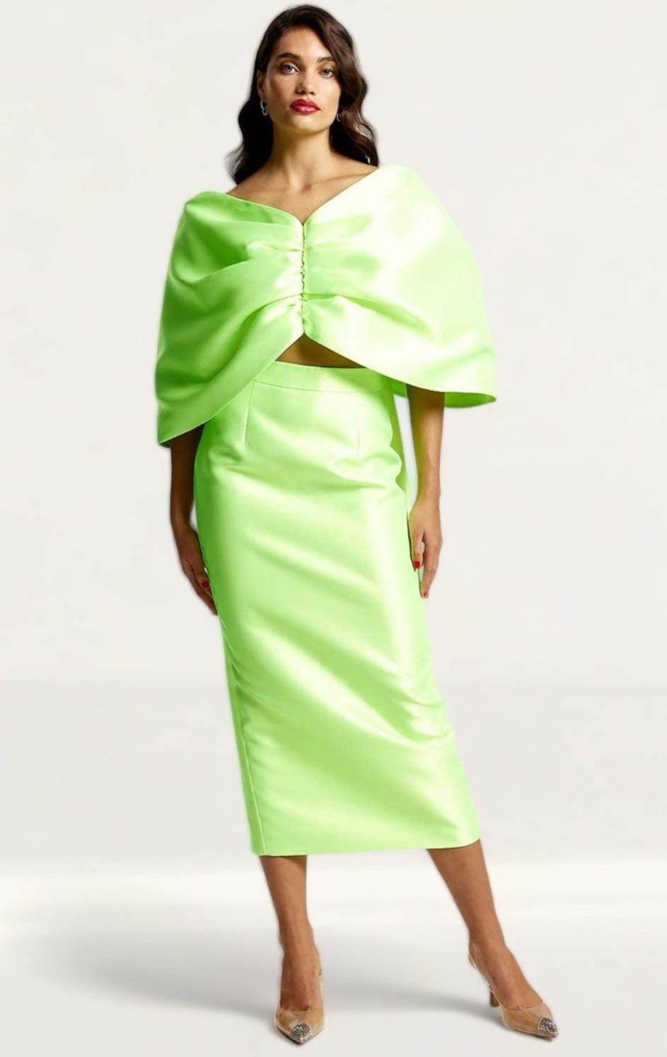 River Island Lime Green Satin Cropped Bardot Top & Midi Skirt Co-Ord