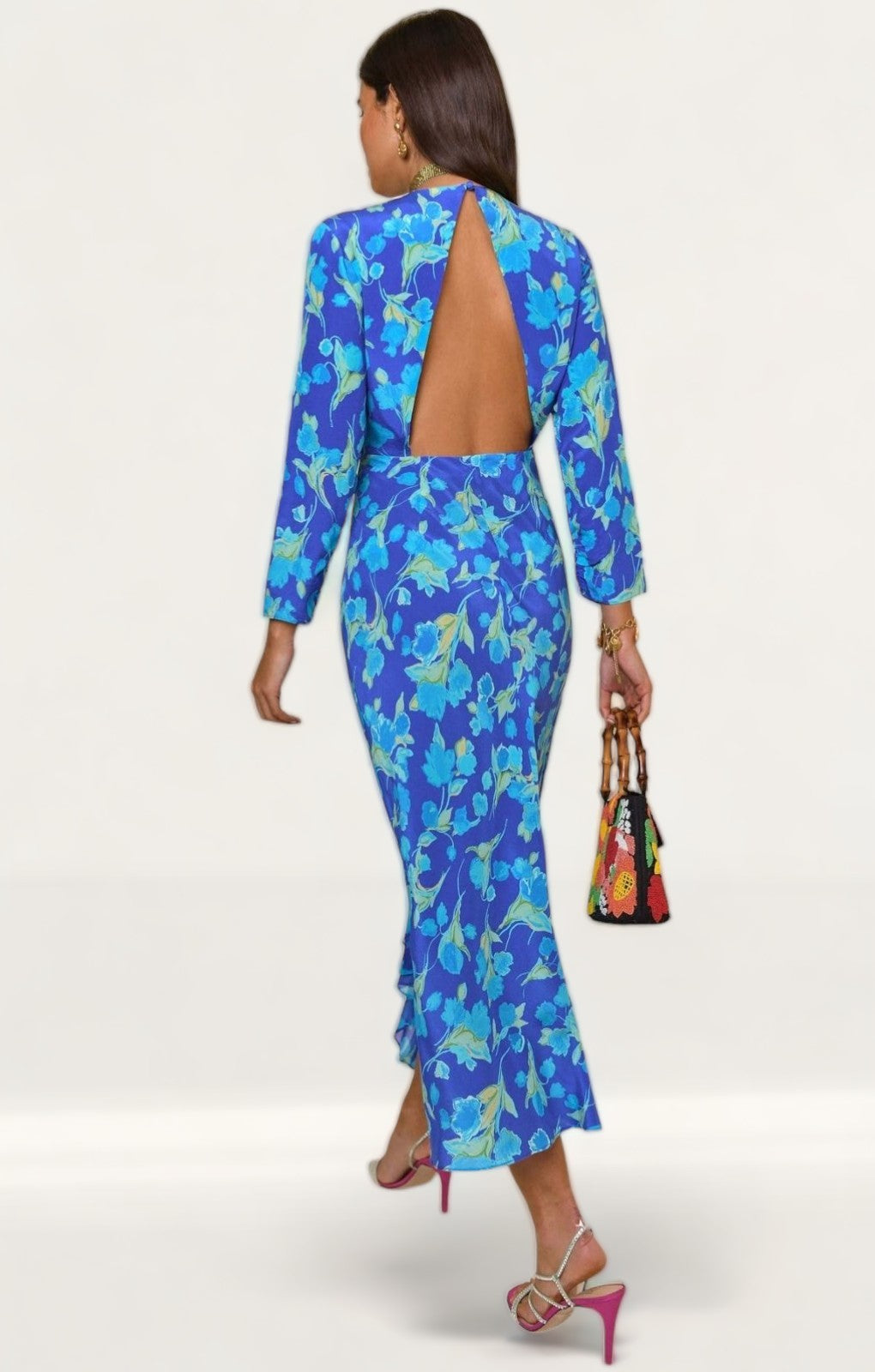 Rixo Blue Rose Floral Midi Dress