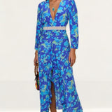 Rixo Blue Rose Floral Midi Dress