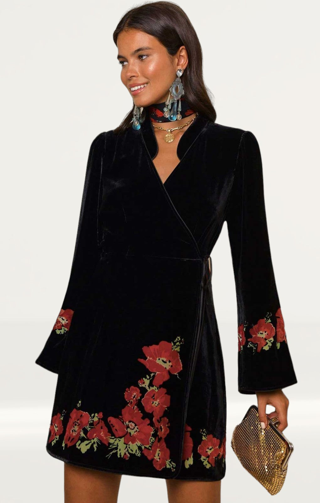 Rixo Iris Black Poppy Mini Dress in Velvet product image