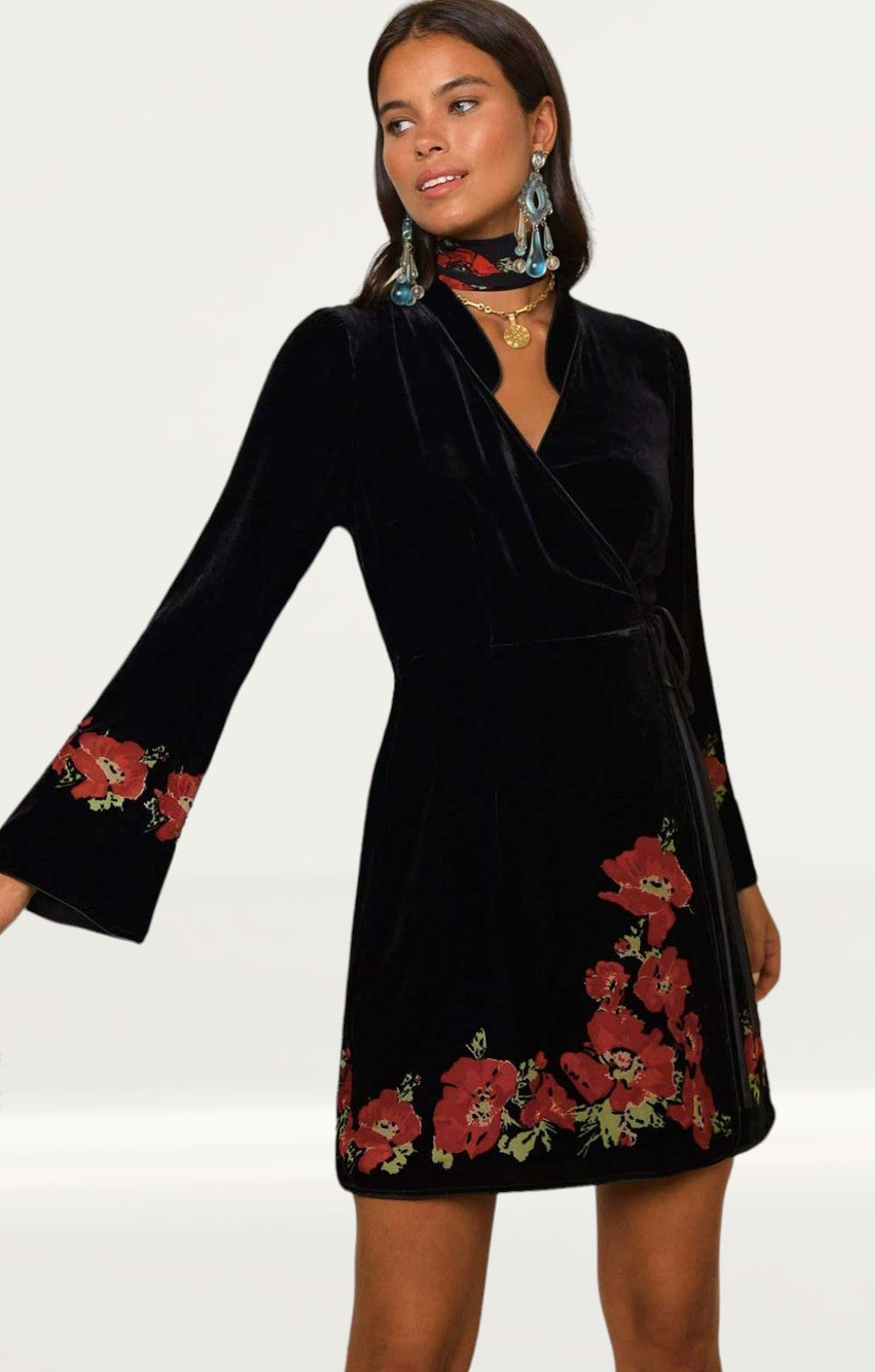 Rixo Iris Black Poppy Mini Dress in Velvet product image