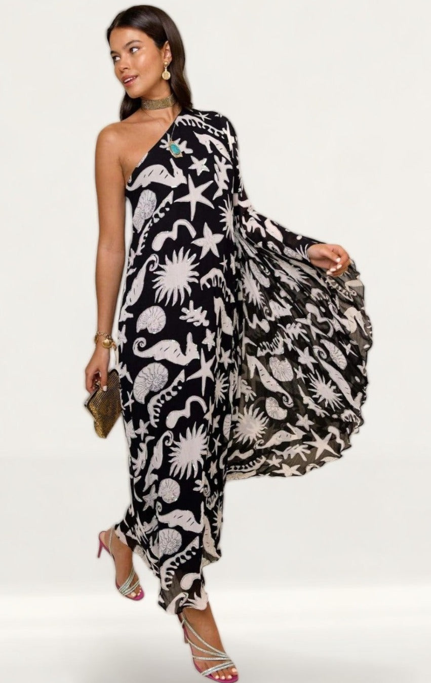 Rixo Liza Oceanic Draped-Sleeve Dress