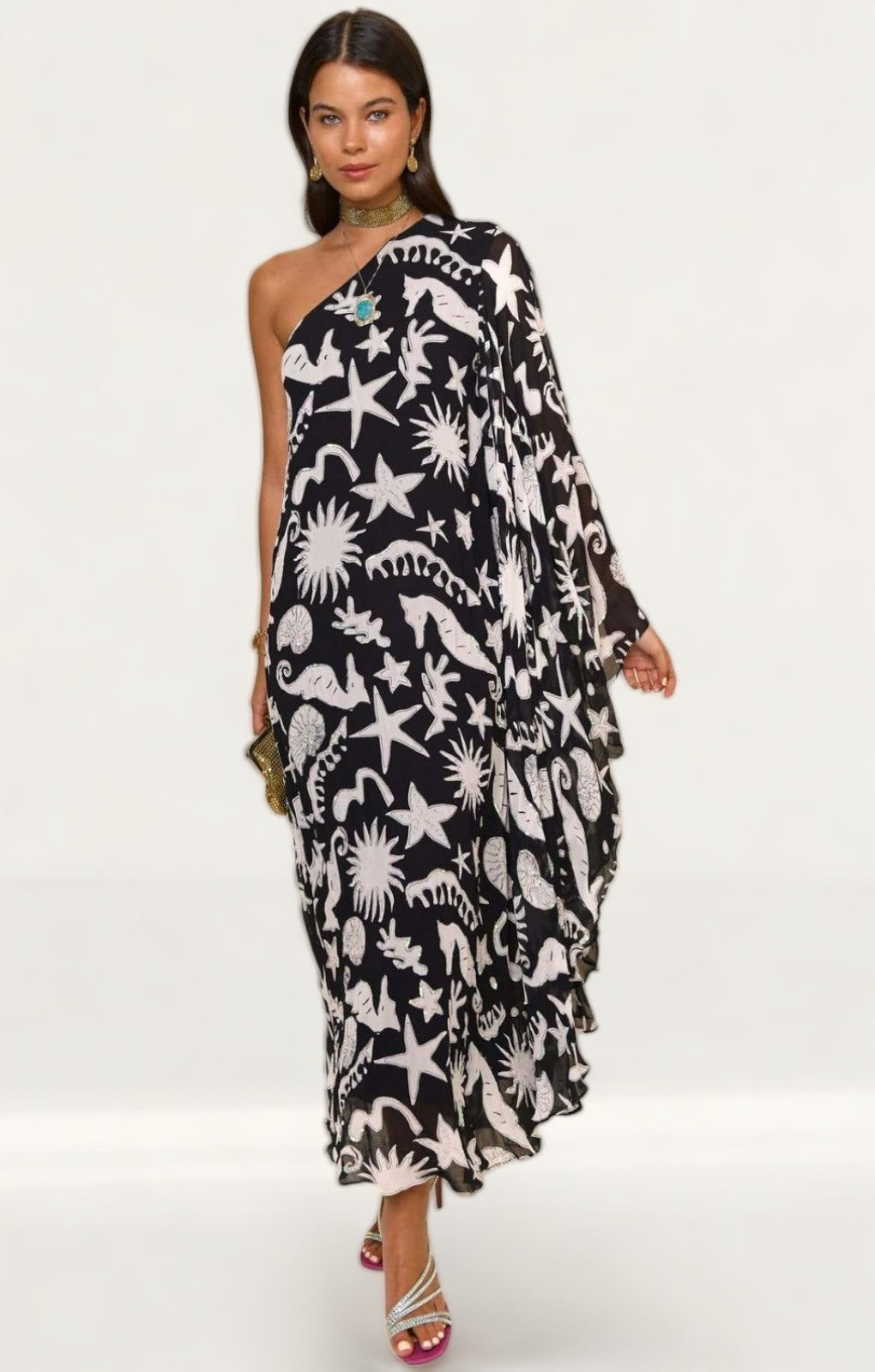Rixo Liza Oceanic Draped-Sleeve Dress