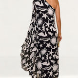 Rixo Liza Oceanic Draped-Sleeve Dress