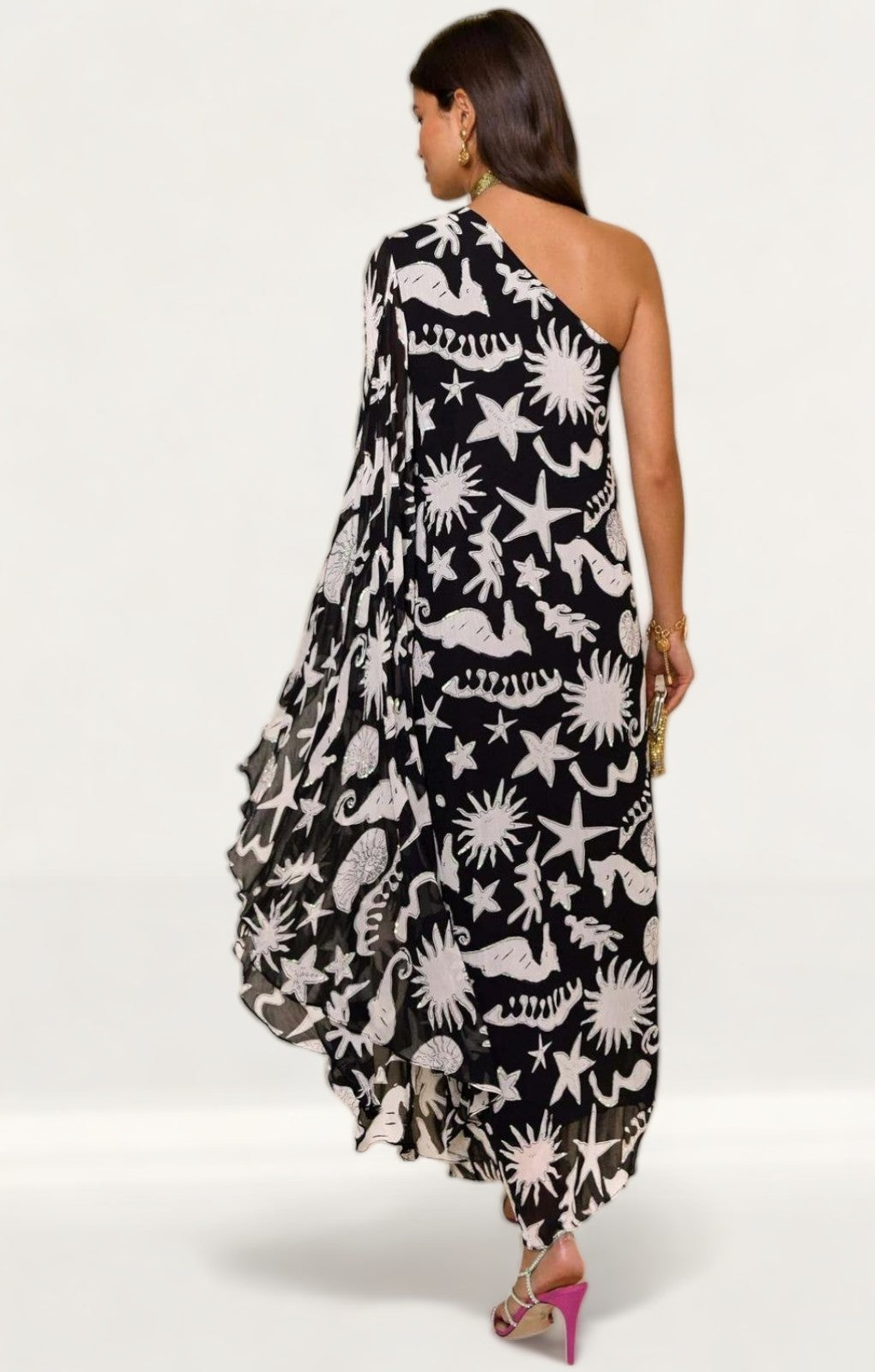 Rixo Liza Oceanic Draped-Sleeve Dress
