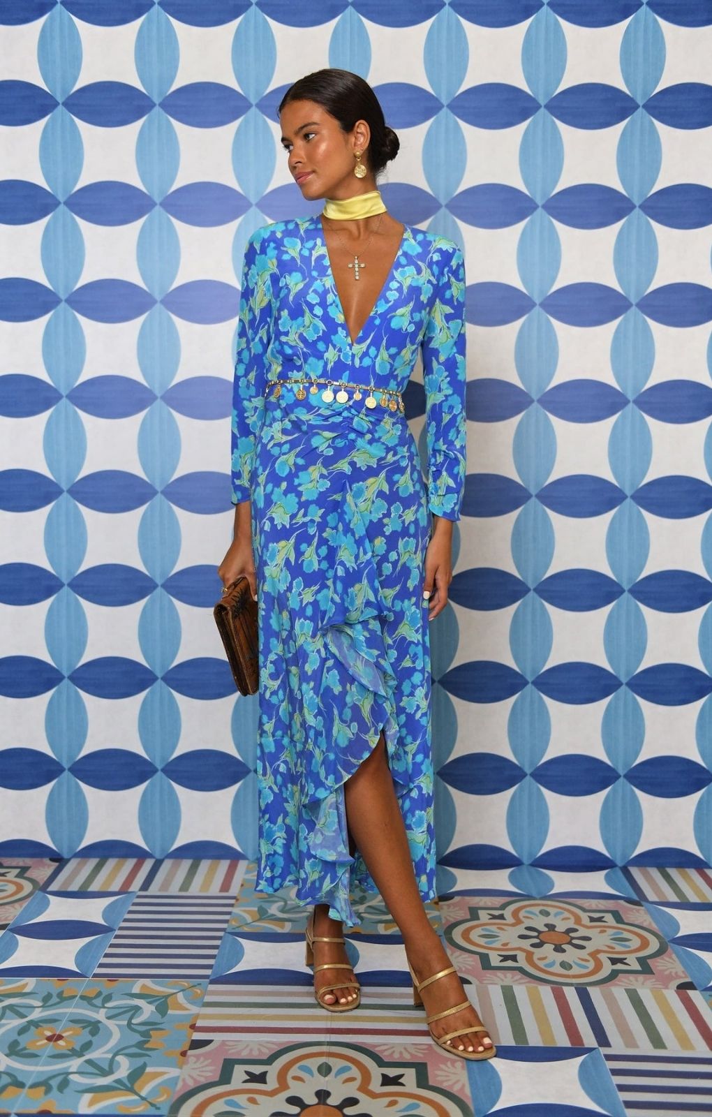 Rixo Blue Rose Floral Midi Dress