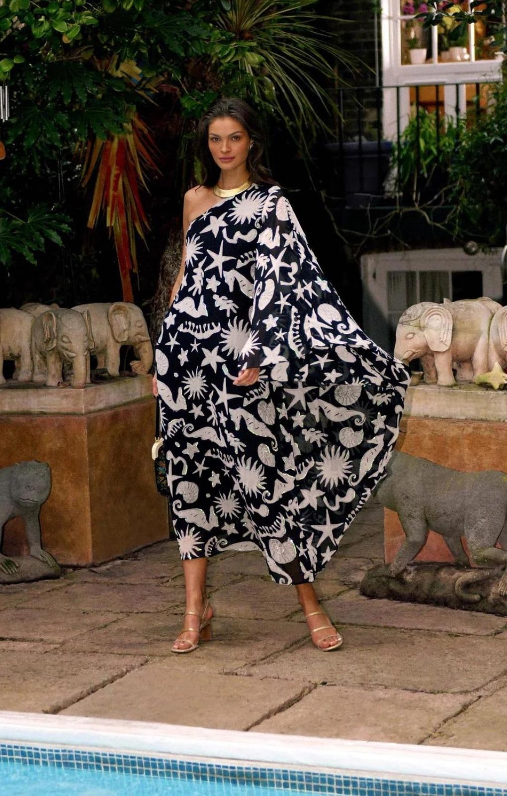 Rixo Liza Oceanic Draped-Sleeve Dress