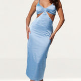 Samsara Selena Blue Satin Cut Out Midi Dress