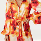 Samsara Jasmine Mimosa Print Short Shirt Recycled Satin Dress product image