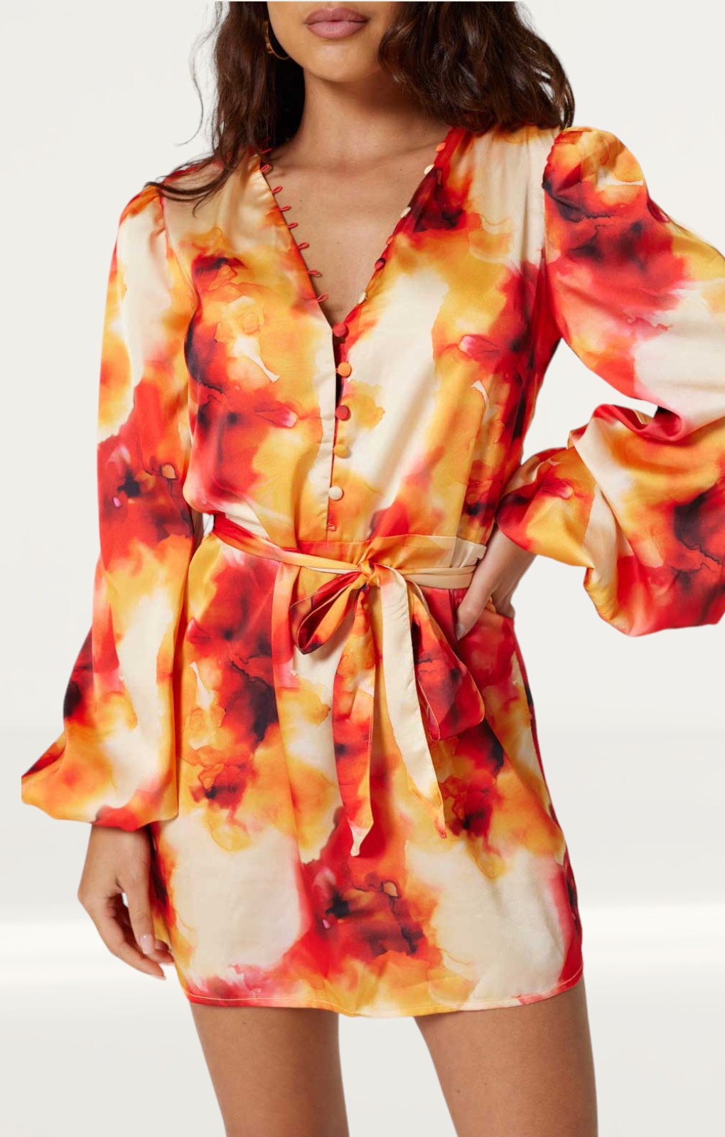 Samsara Jasmine Mimosa Print Short Shirt Recycled Satin Dress product image