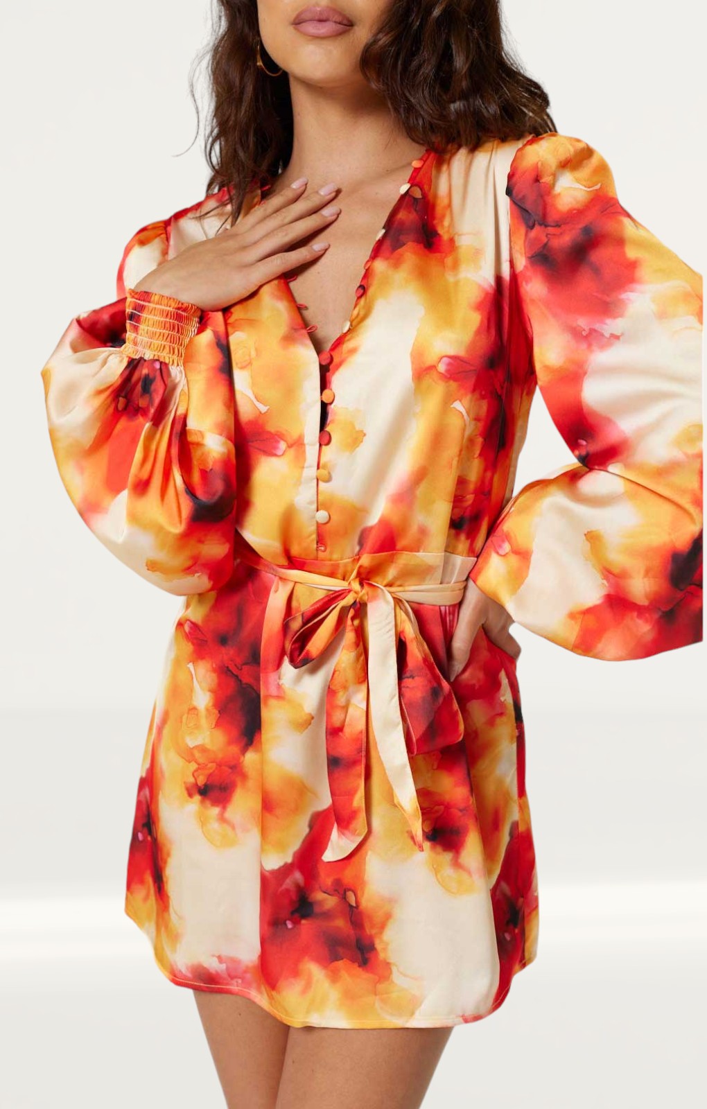 Samsara Jasmine Mimosa Print Short Shirt Recycled Satin Dress product image