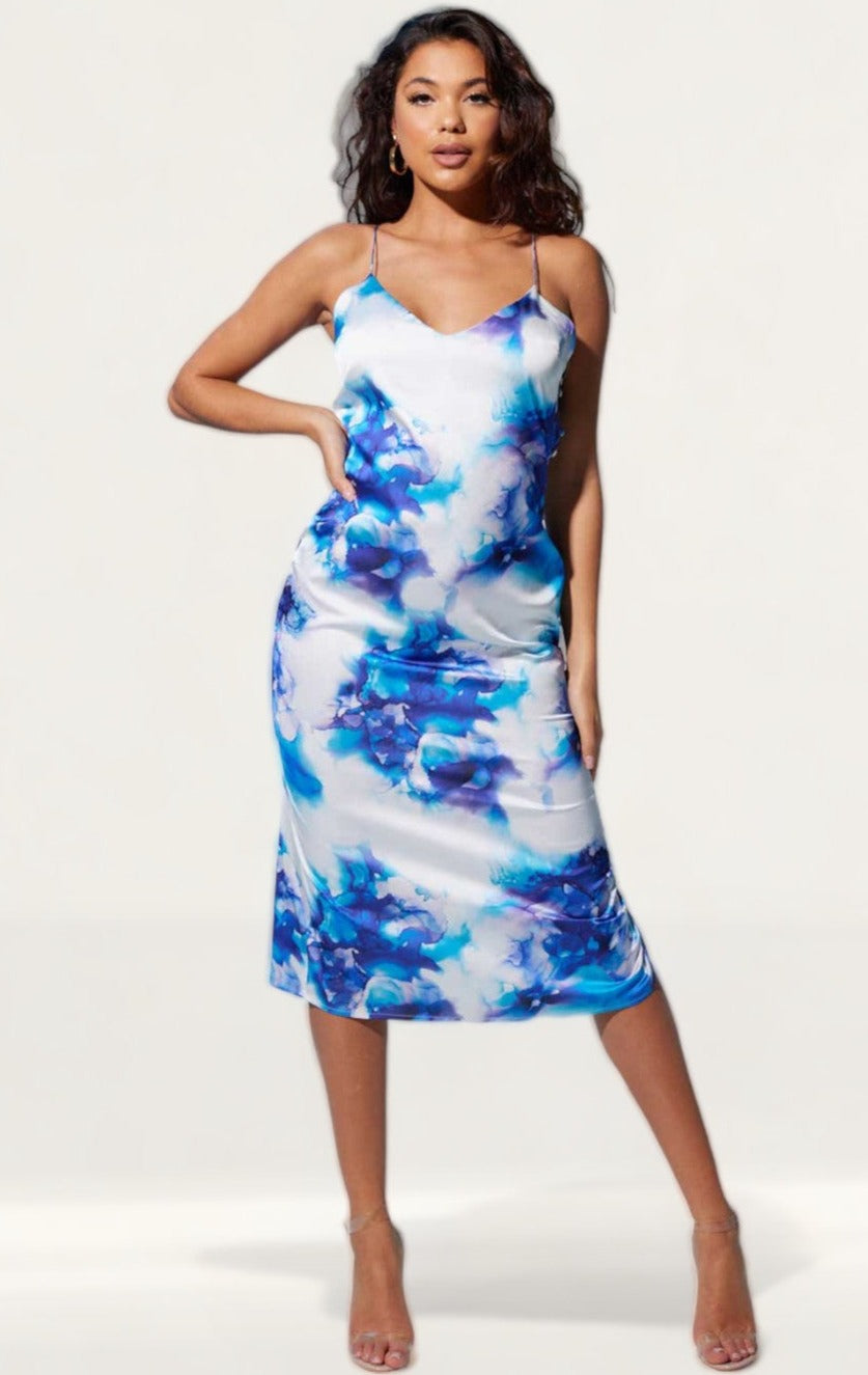 Samsara Lagoon Printed Satin Slip Dress