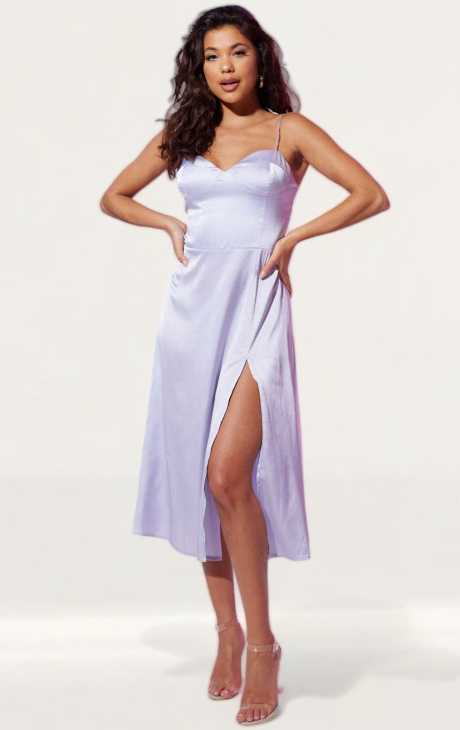 Samsara Valentina Lilac Satin Midi Dress