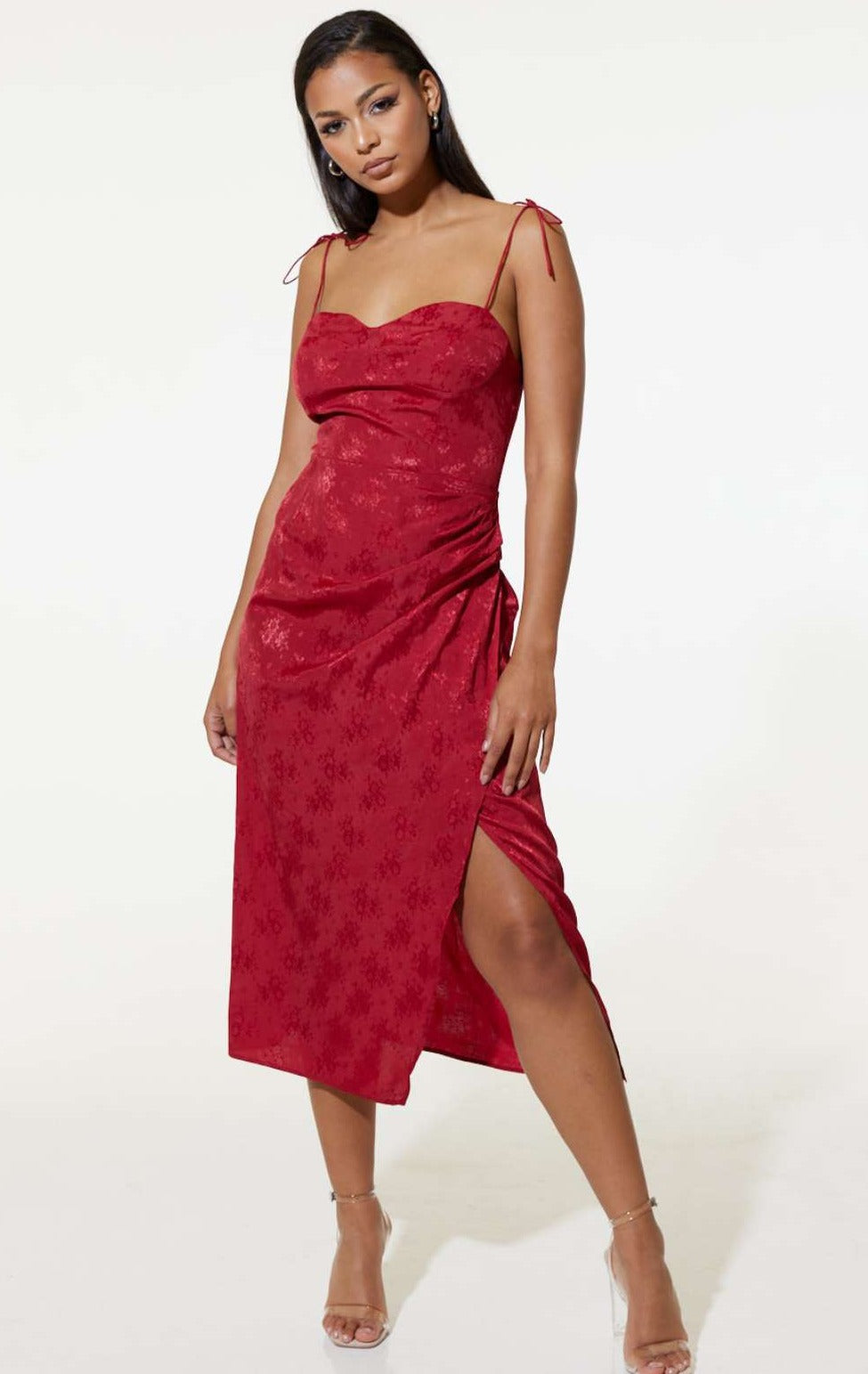Samsara Elena Red Satin Midi Dress