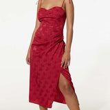 Samsara Elena Red Satin Midi Dress