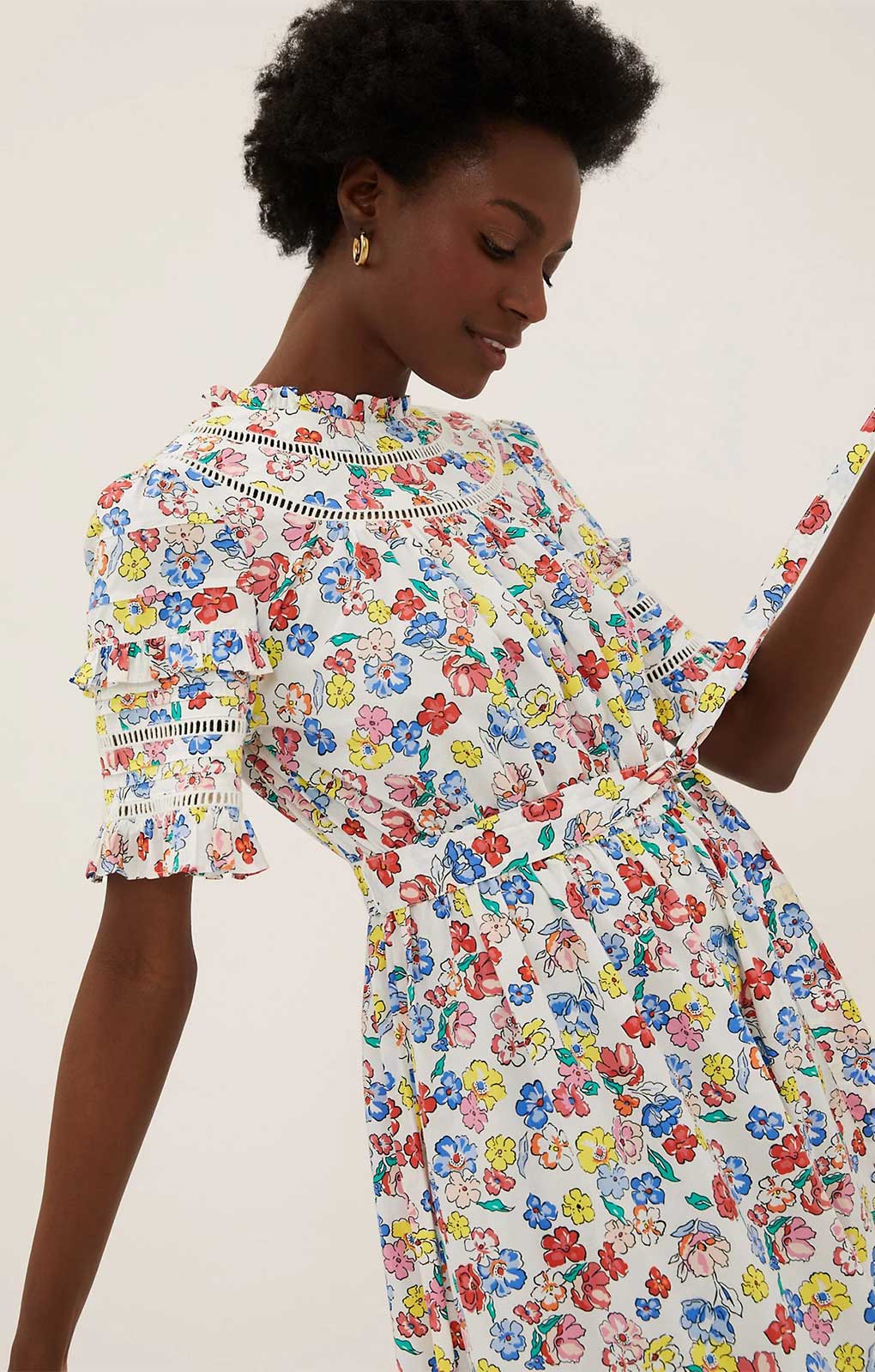 M&S Collection Pure Cotton Floral Midi Waisted Dress