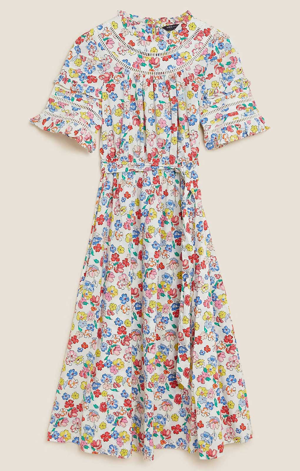 M&S Collection Pure Cotton Floral Midi Waisted Dress