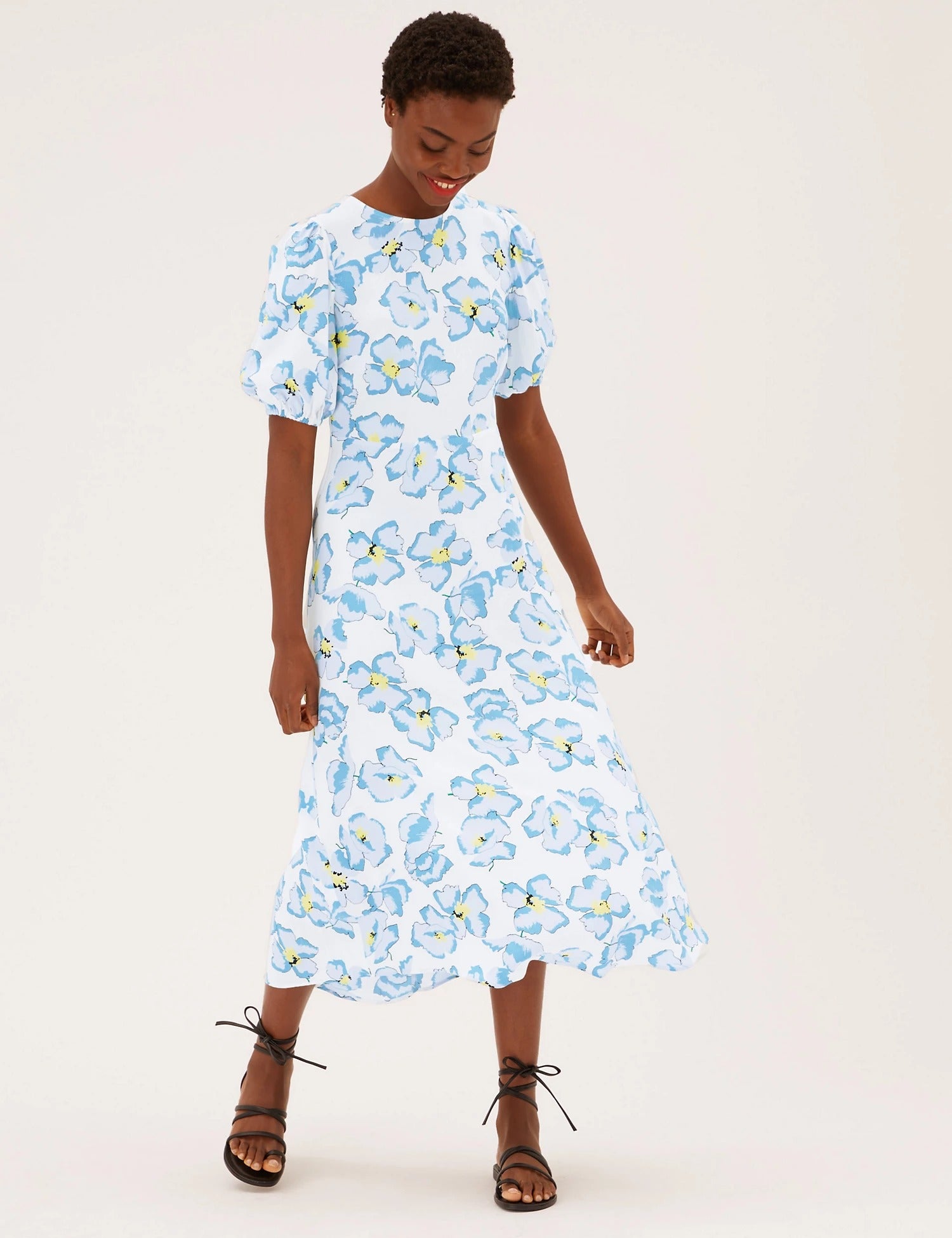 M&S Ivory & Blue Floral Round Neck Midaxi Tea Dress product image