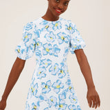 M&S Ivory & Blue Floral Round Neck Midaxi Tea Dress