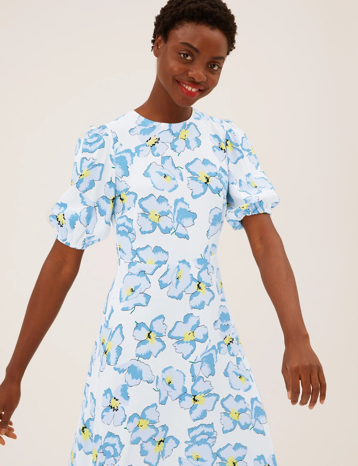 M&S Ivory & Blue Floral Round Neck Midaxi Tea Dress