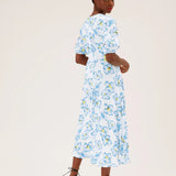 M&S Ivory & Blue Floral Round Neck Midaxi Tea Dress