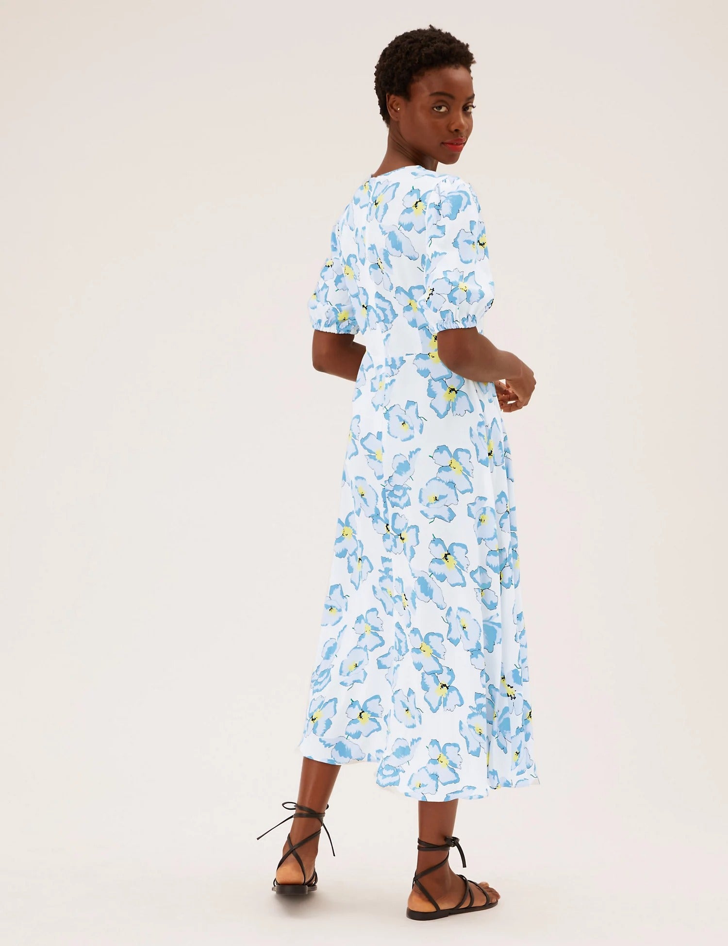 M&S Ivory & Blue Floral Round Neck Midaxi Tea Dress