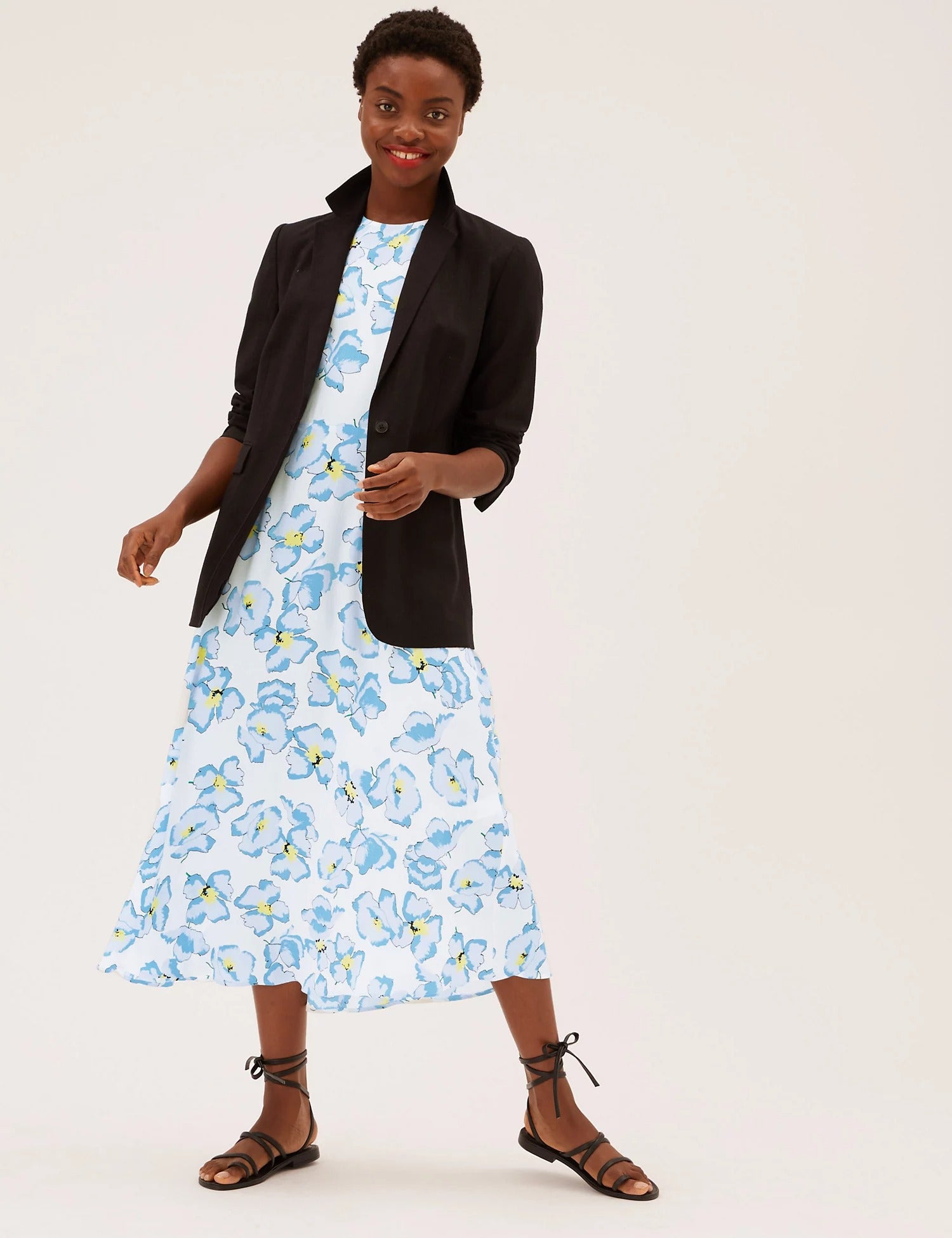 M&S Ivory & Blue Floral Round Neck Midaxi Tea Dress