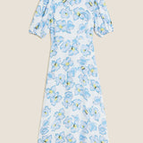 M&S Ivory & Blue Floral Round Neck Midaxi Tea Dress