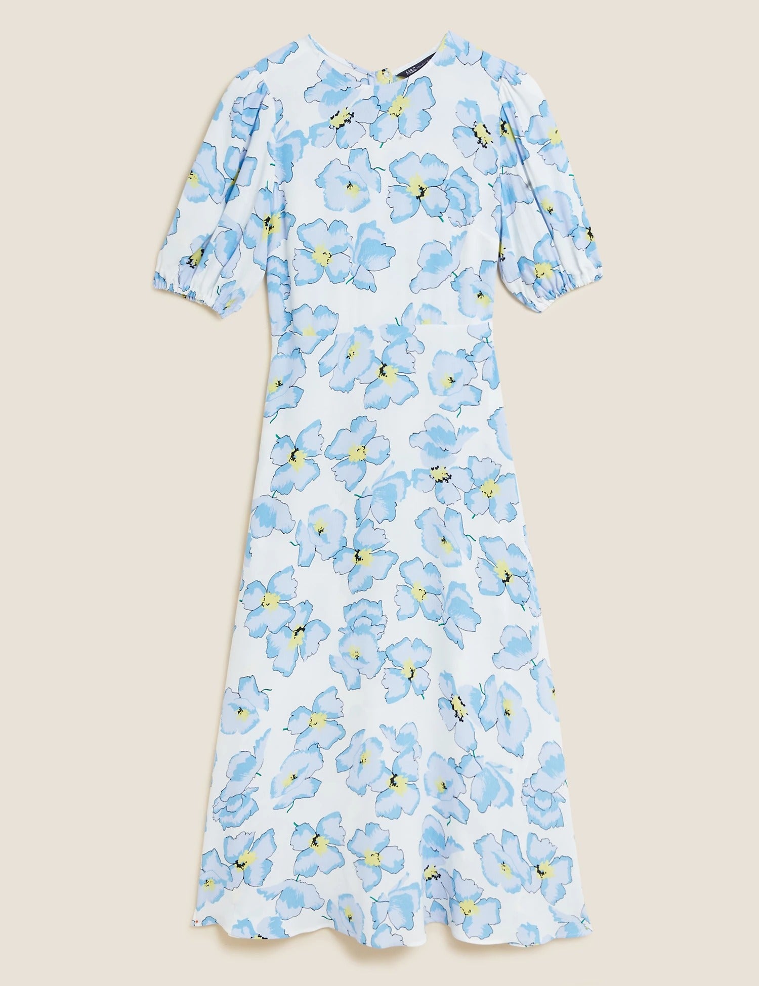 M&S Ivory & Blue Floral Round Neck Midaxi Tea Dress