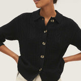 M&S Black Soft Touch Cable Knit Collared Cardigan