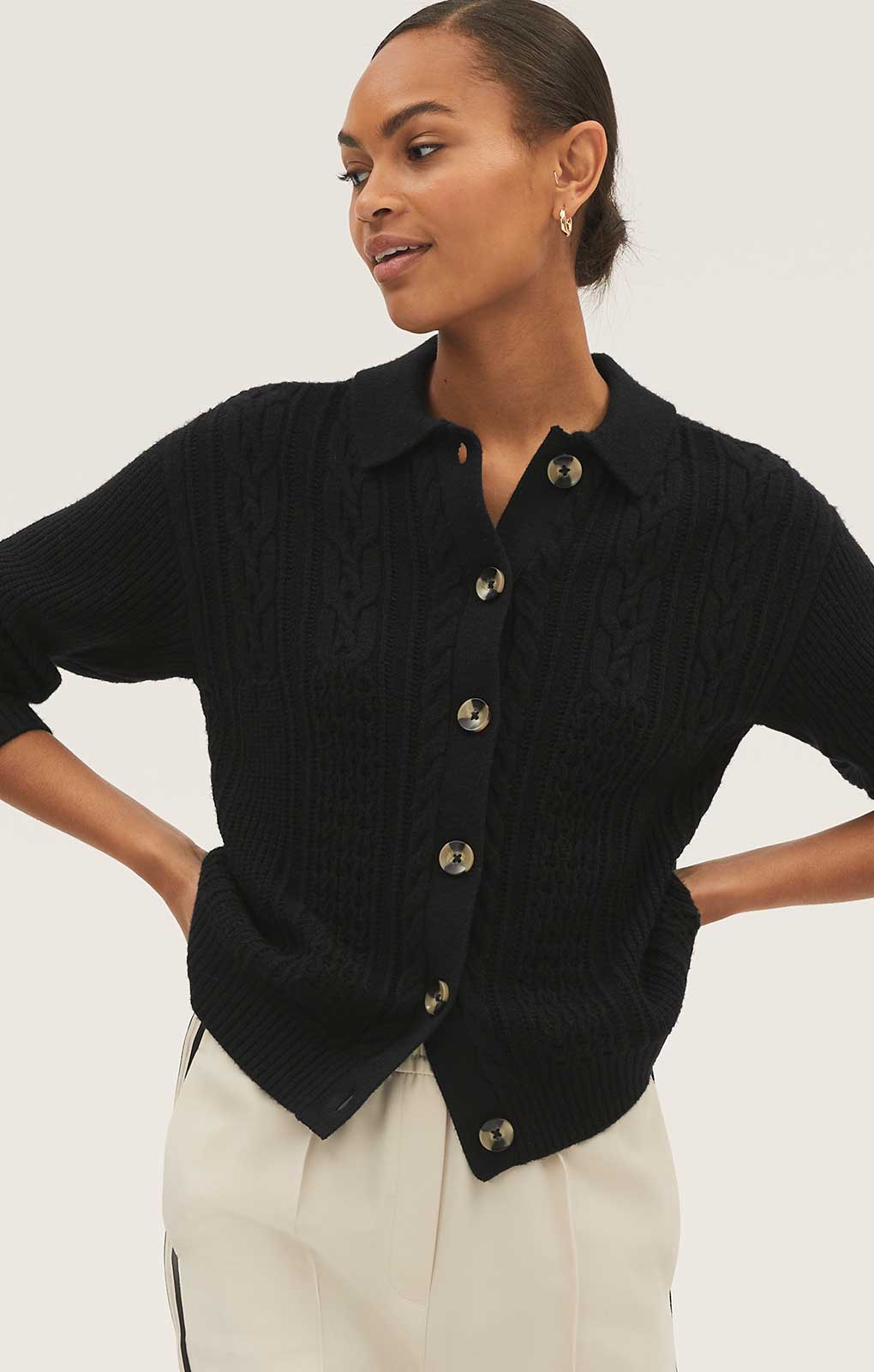 M&S Black Soft Touch Cable Knit Collared Cardigan