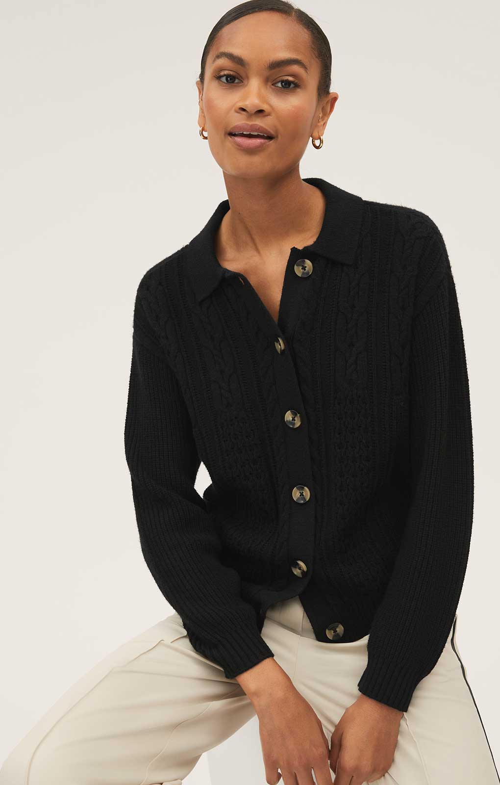 M&S Black Soft Touch Cable Knit Collared Cardigan