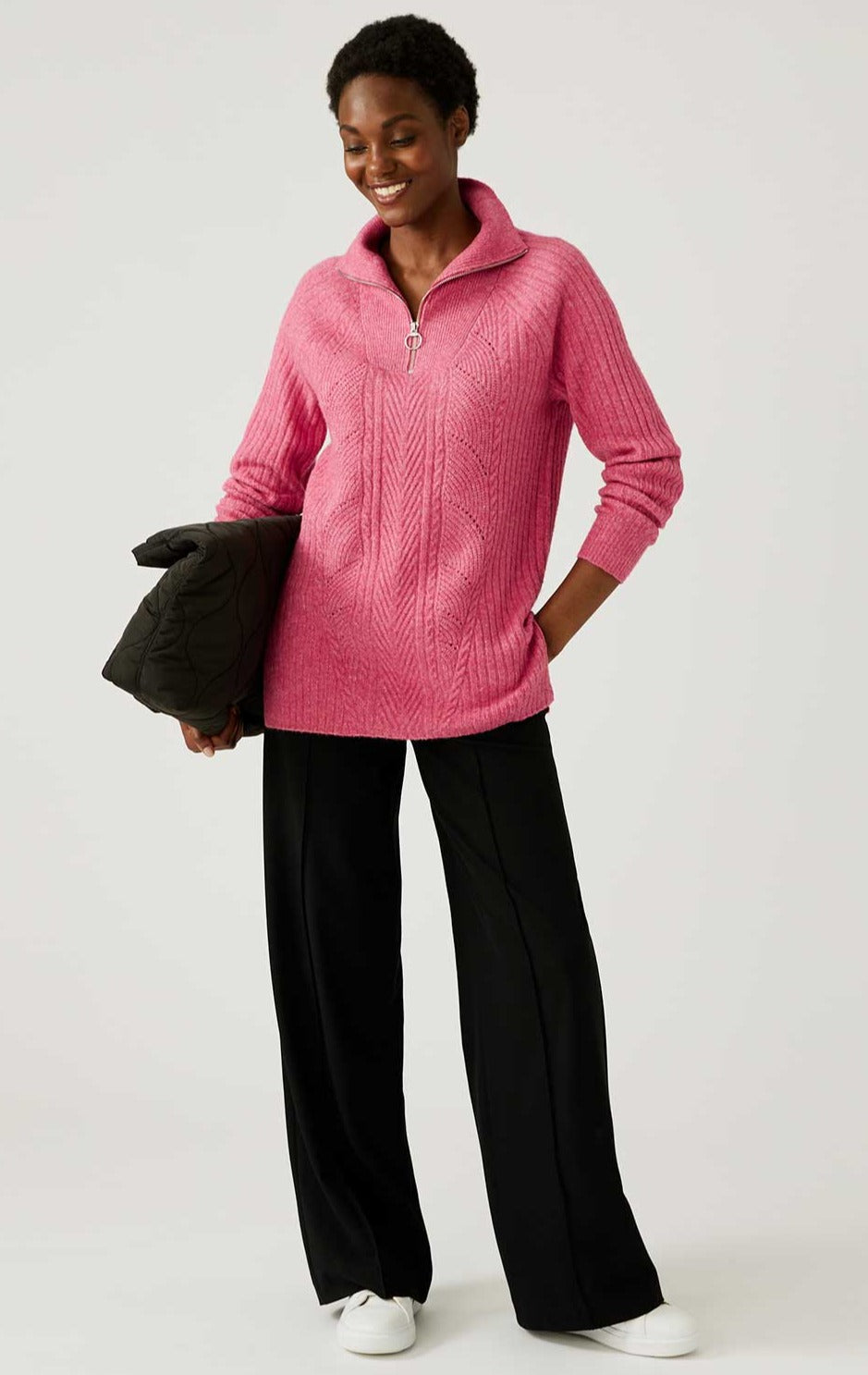 M&S Pink Ribbed Funnel Neck Relaxed Longline Jumper
