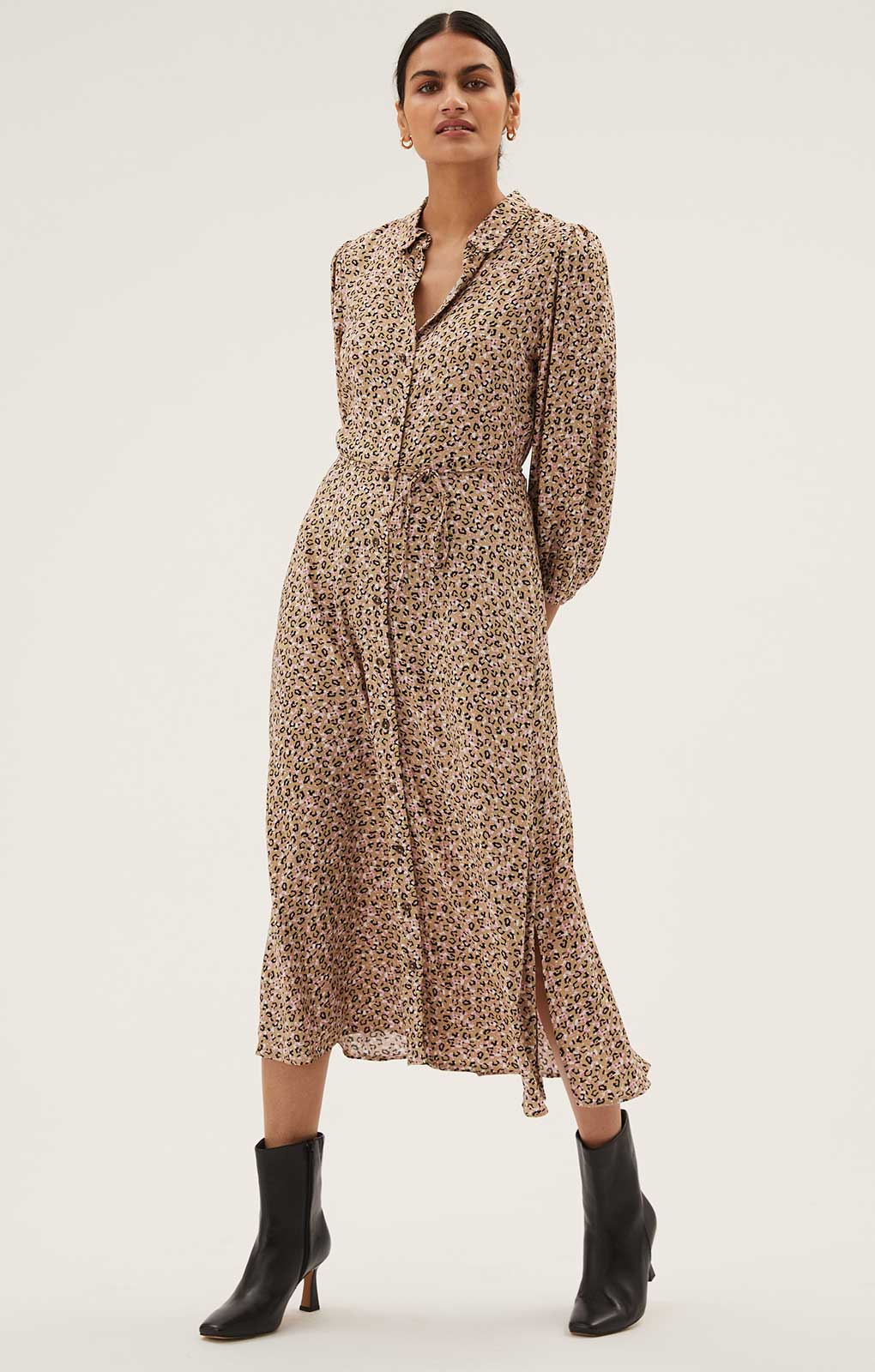 M&S Brown Animal Print Tie Waist Midi Shirt Dress