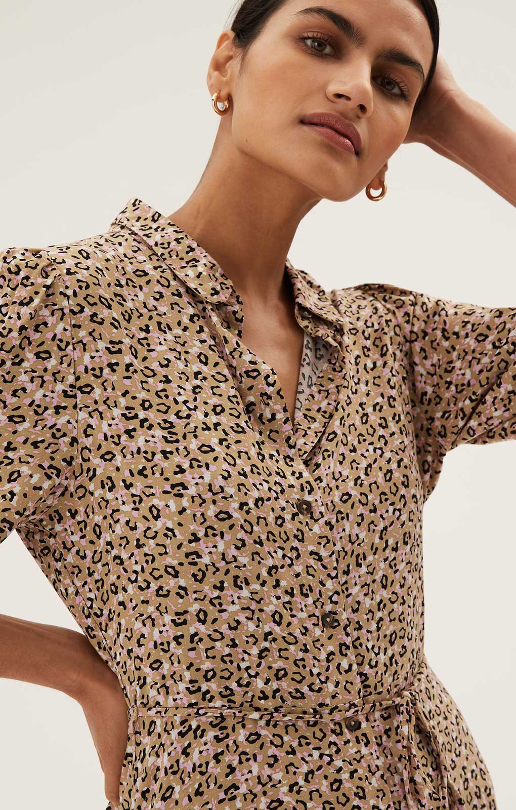 M&S Brown Animal Print Tie Waist Midi Shirt Dress