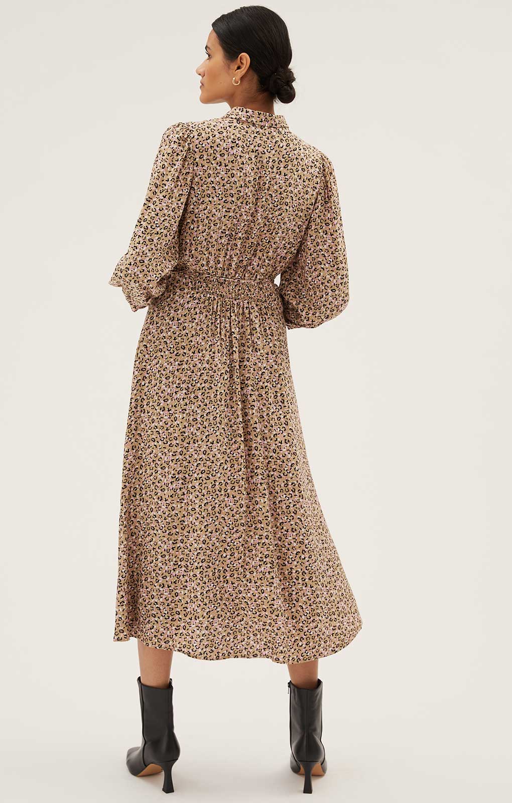 M&S Brown Animal Print Tie Waist Midi Shirt Dress