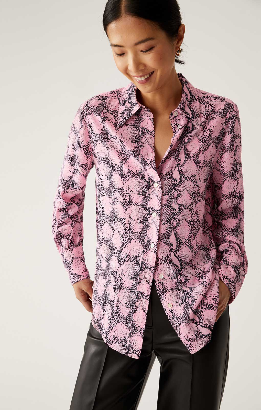 M&S Pink Snake Print Collared Long Sleeve Shirt