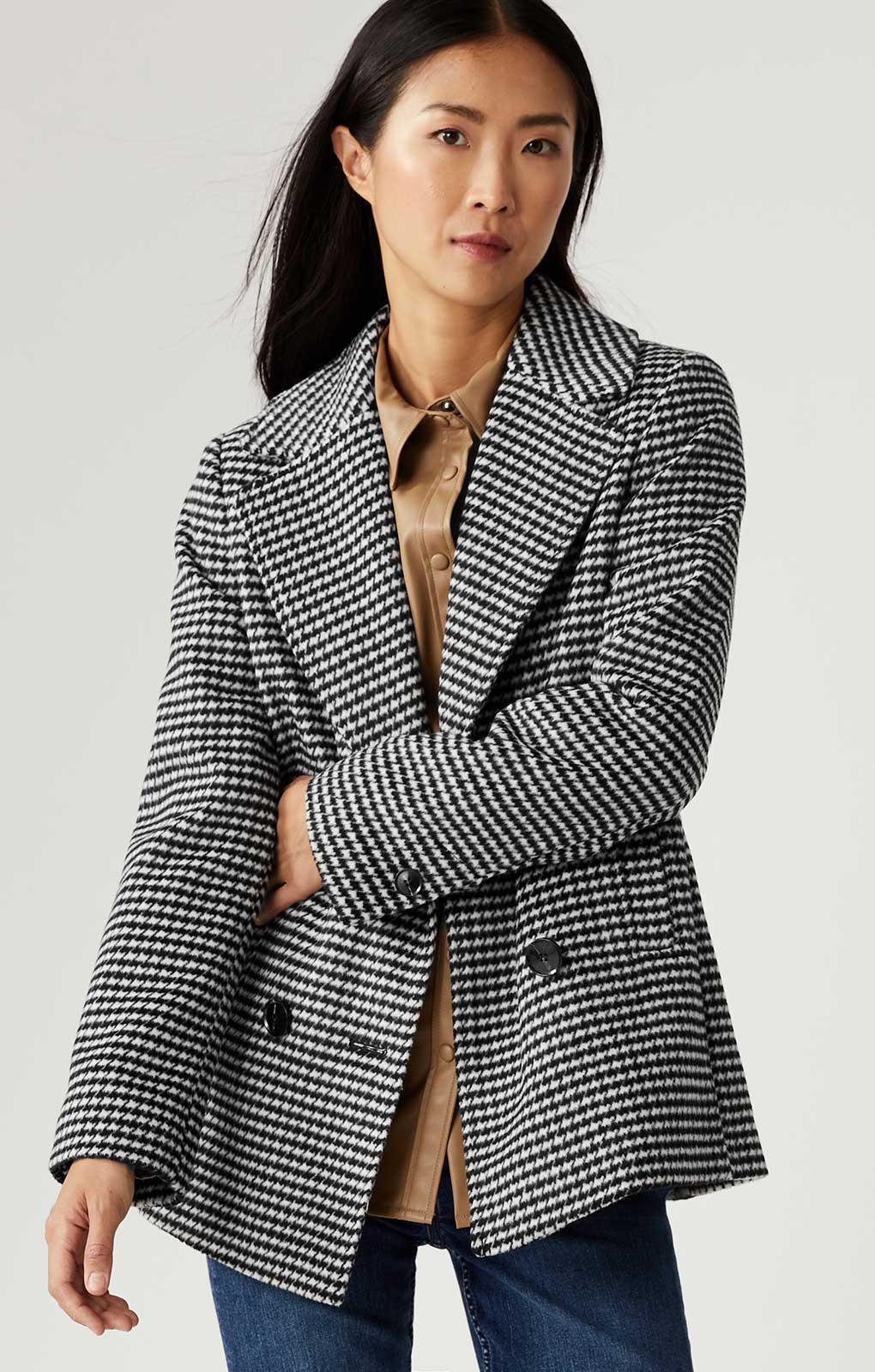 M&S Dogtooth Collared Short Coat with Wool