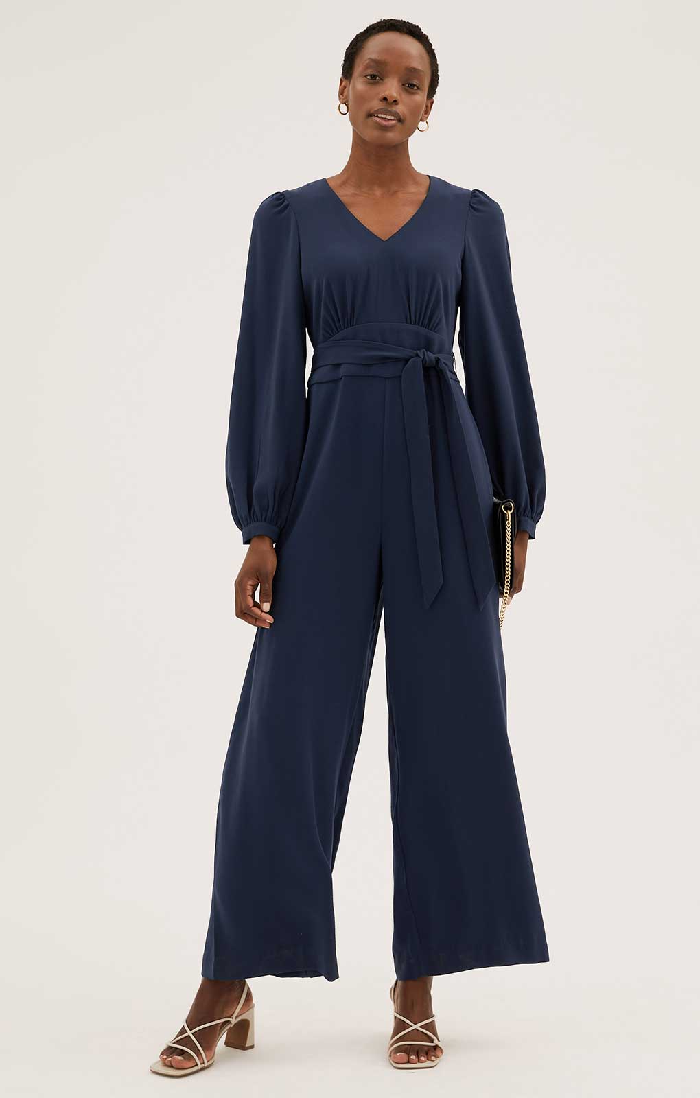 M&S Navy Long Sleeve Wide Leg Jumpsuit