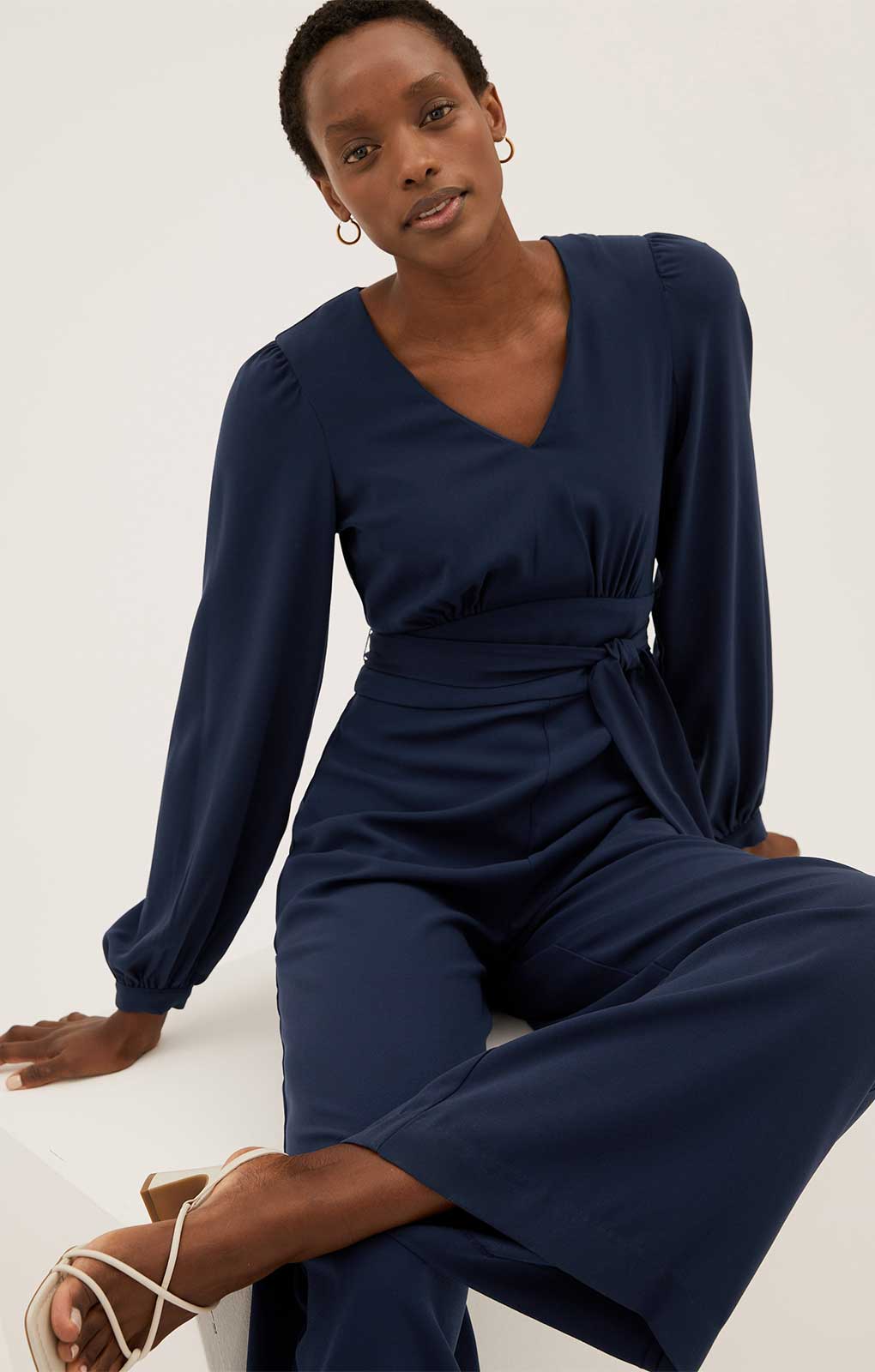 M&S Navy Long Sleeve Wide Leg Jumpsuit