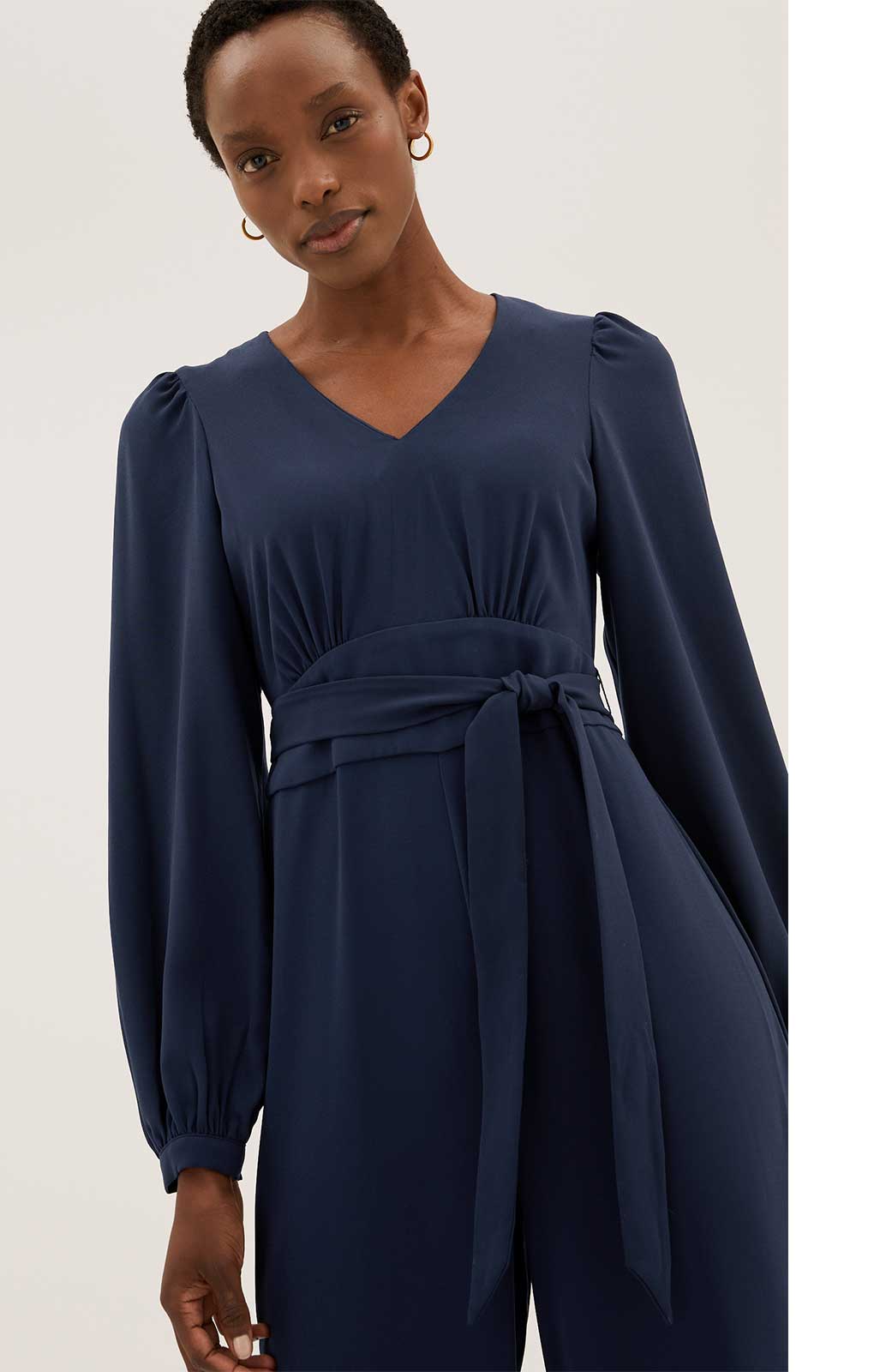 M&S Navy Long Sleeve Wide Leg Jumpsuit