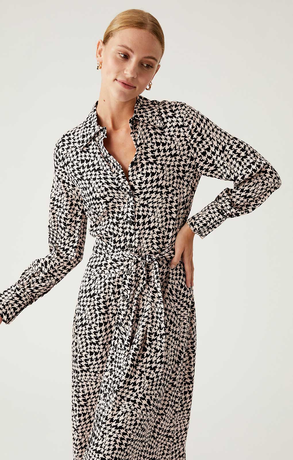 M&S Monochrome Floral Belted Midi Shirt Dress
