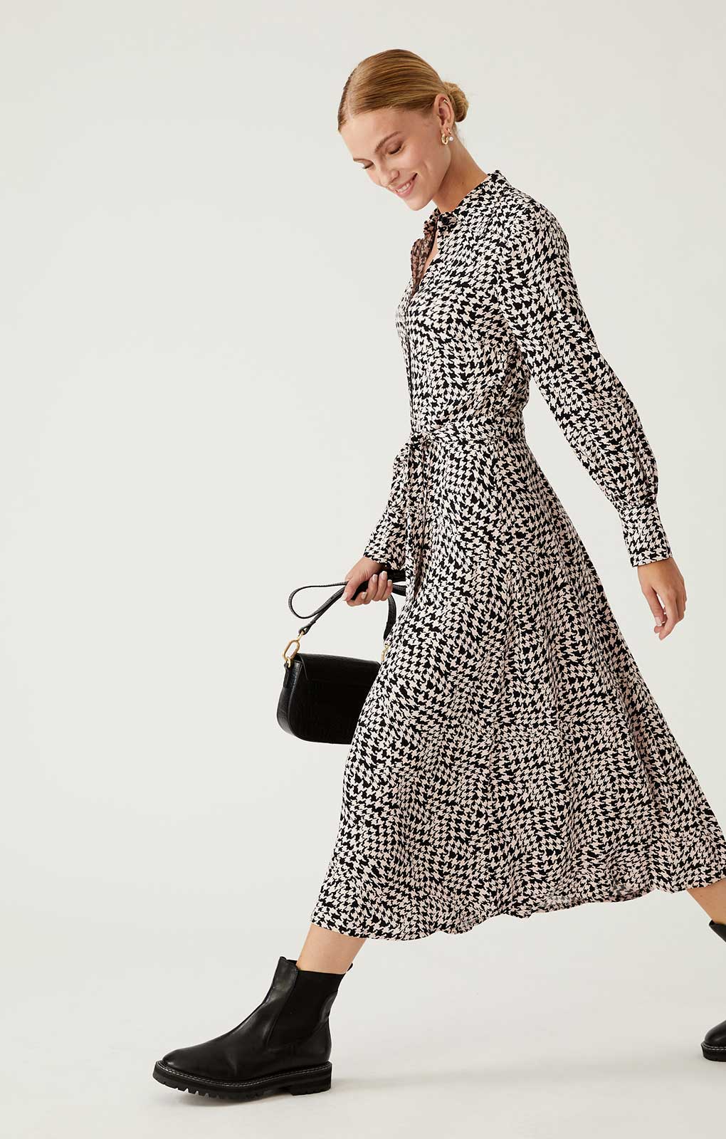 M&S Monochrome Floral Belted Midi Shirt Dress