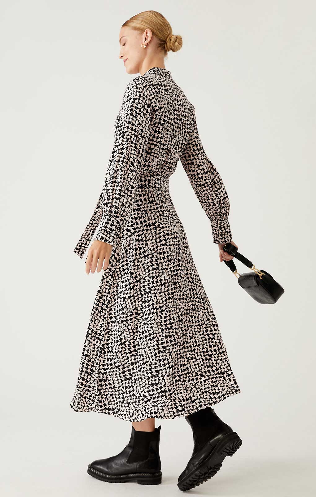 M&S Monochrome Floral Belted Midi Shirt Dress