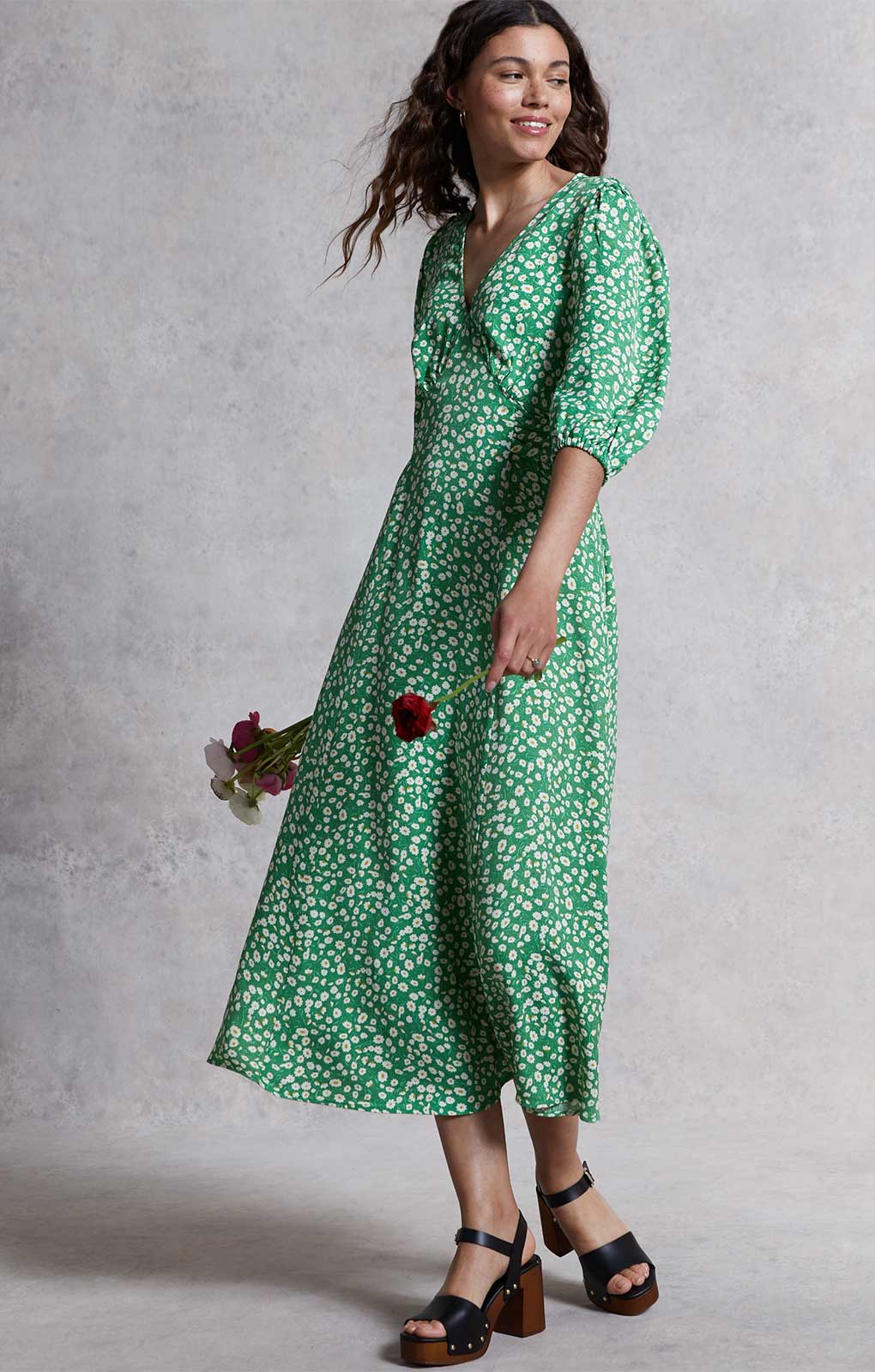 M&S X GHOST Green Floral V Neck Midi Dress