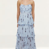 Self Portrait Blue Floral Sleeveless Chiffon Tiered Midi Dress