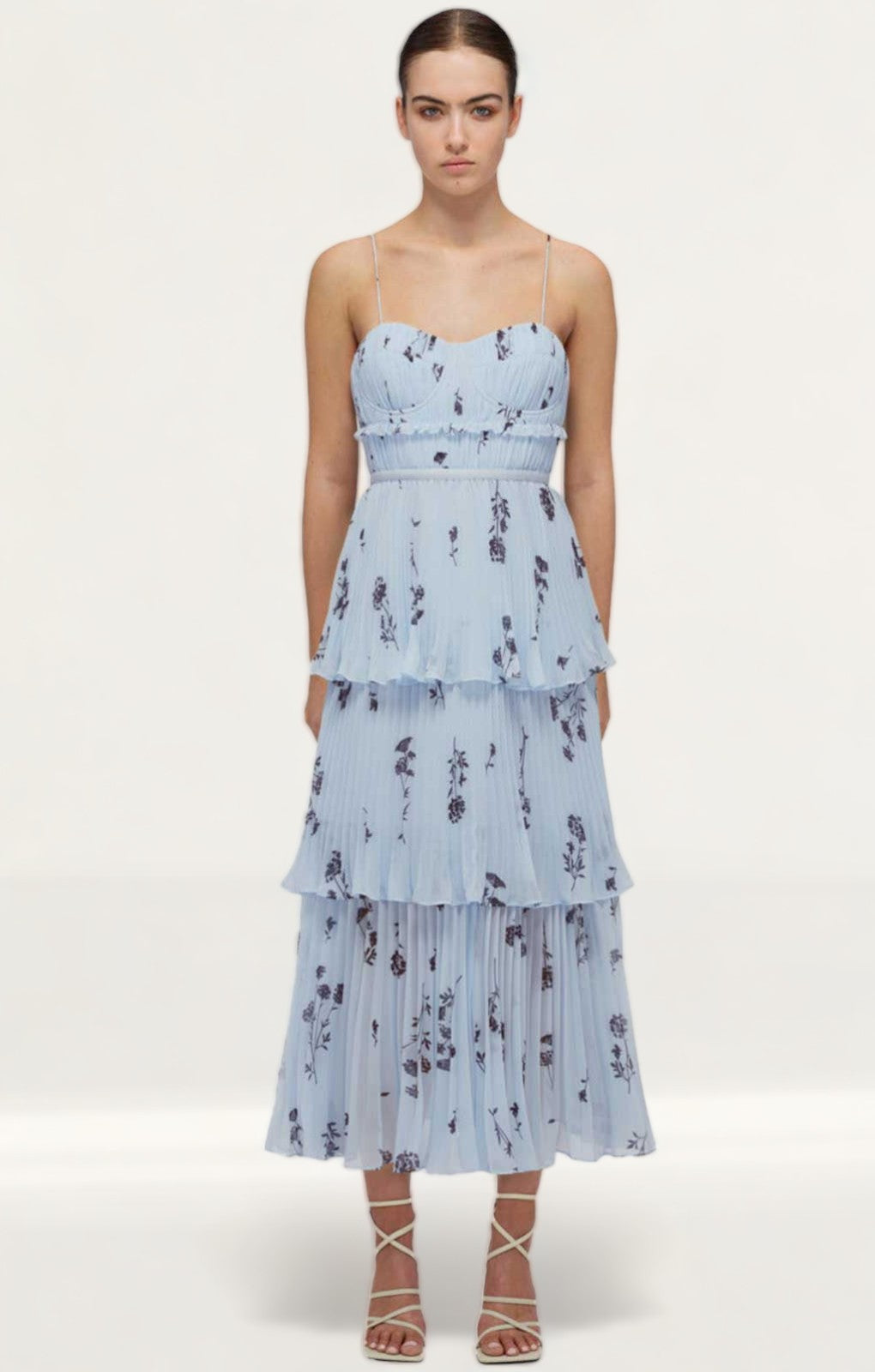Self Portrait Blue Floral Sleeveless Chiffon Tiered Midi Dress